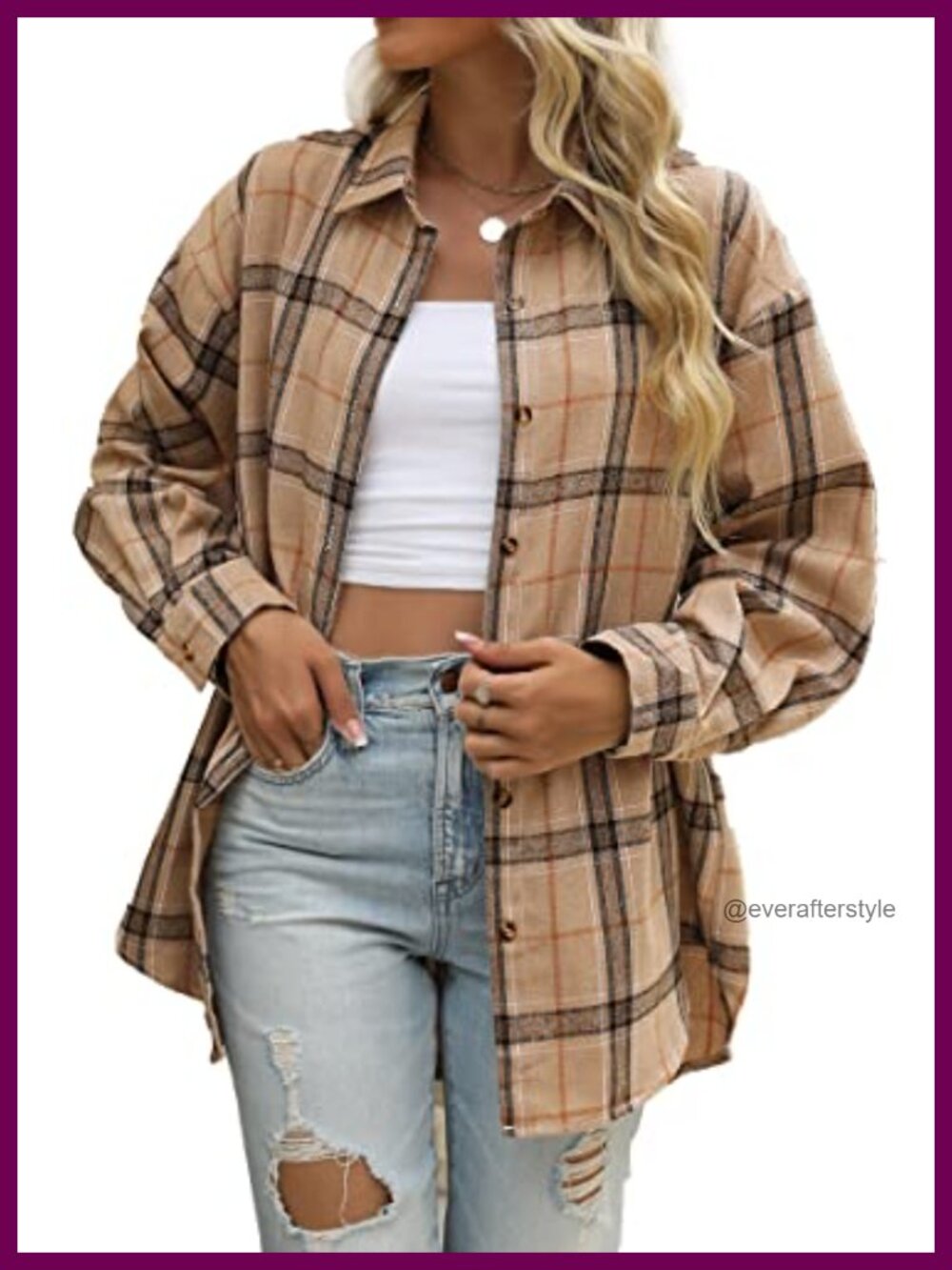 CHYRII Womens Button Down Flannel Shirt Long Sleeve Plaid Shacket Business
